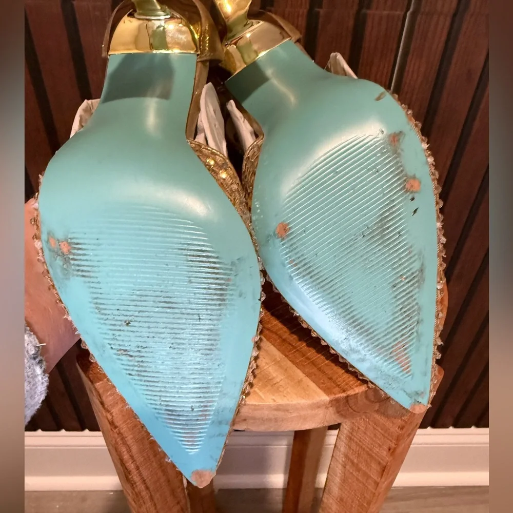 Betsey Johnson Jad Gold Pearl Mesh Heels Size 9 | Vegas Sparkle Party Glam - Picture 6 of 6